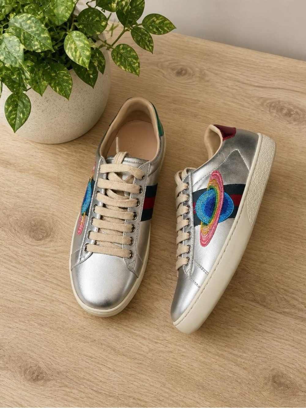 GG Metallic Silver Embroidered Planet Sneakers